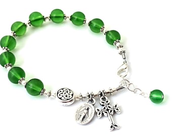 Irish Green Sea Glass & Silver Catholic Rosary Bracelet