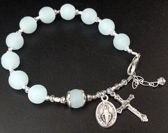 Sea Glass, Crystal, Sea Foam Opaque Blue/Greenish Rosary Bracelet Catholic Gift Beach Rosary - Catholic Rosary Bracelet - Sea Glass Rosary