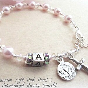 Communion Light Pink Pearl and Crystal Personalized Rosary Bracelet