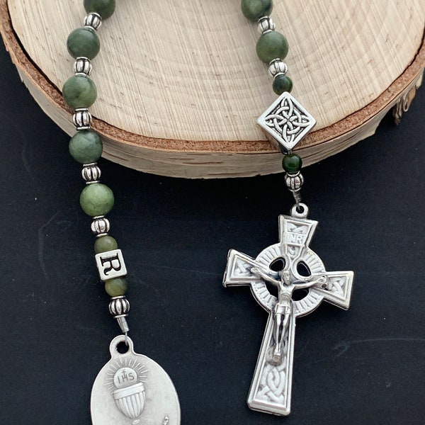 Irish Boy's Personalized First Communion Connemara Marble Chaplet & Silver Celtic Beaded Pocket Rosary - Heirloom Catholic Gift