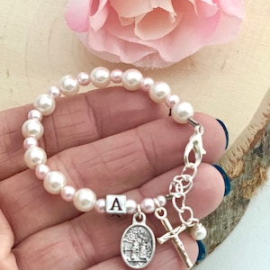 Girls Baptism Personalized Rosary Bracelet with Swarovski White & Light Pink Pearls - Guardian Angel - Catholic Baptism Gift - Christening