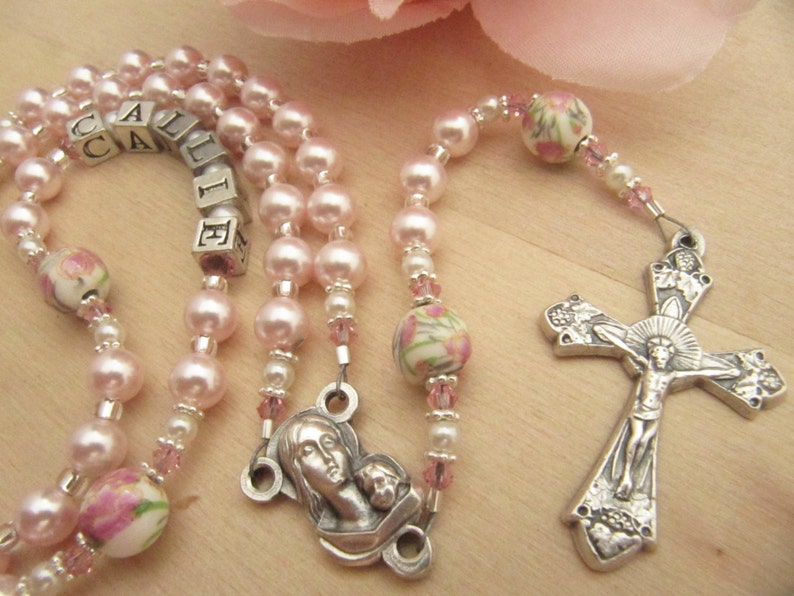 Baby Girl Personalized Baptism Rosary with Pink Pearls Etsy