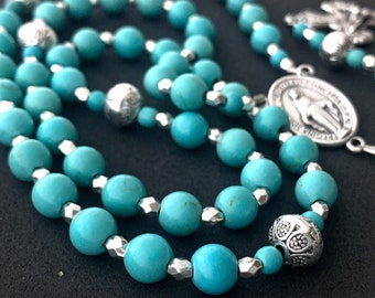 Turquoise Howlite Gemstone & Silver Rosary Catholic Gift Heirloom Rosary for any Occasion - Confirmation Communion Baptism - Catholic