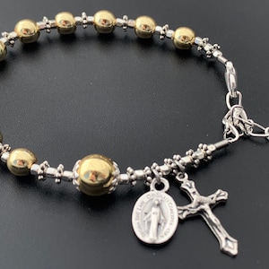 14kt Gold Hematite & Silver Hematite Gemstone Rosary Bracelet