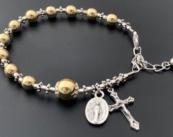 14kt Gold Hematite & Silver Hematite Gemstone Rosary Bracelet