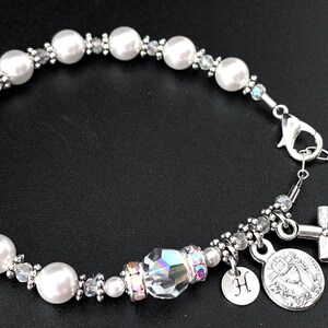Catholic Communion Rosary Bracelet with Euro Czech Pearls, Clear AB Crystals, Rhinestones, &  Monogram Charm