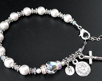 Catholic Communion Rosary Bracelet with Swarovski Pearls, Swarovski Crystals, Rainbow Rhinestones, & Sterling Silver Monogram Charm