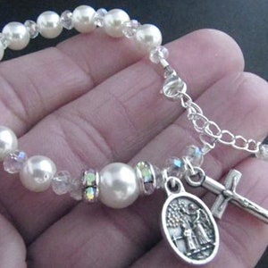 Girls Baptism Rosary Bracelet made with White Swarovski Pearls, Crystals, and Rhinestones - Guardian Angel - Catholic Christening Gift