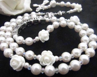 Communion Personalized Rosary with White Roses, Swarovski Pearls and Crystals - Heirloom Quality - Rose Rosary - Communion Rosary