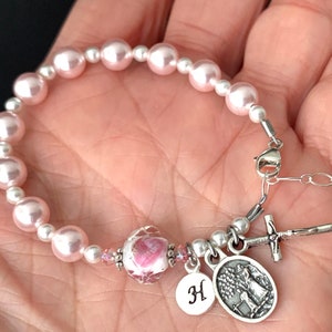 Baptism Rosary Bracelet Personalized with Light Pink/White European Pearls, Crystal Pink Rose, and  Monogram Charm - Christening Heirloom