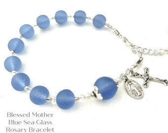 Sea Glass, Crystal, & Pearl Mother Mary Blue Rosary Bracelet Catholic Gift Beach Rosary