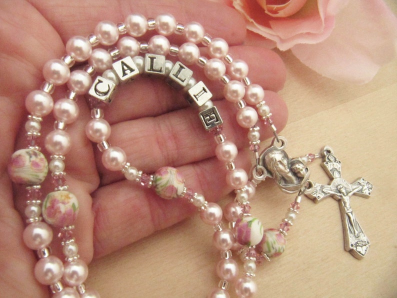 Baby Girl Personalized Baptism Rosary with Pink Pearls Etsy