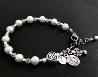 Irish Communion Swarovski Pearl, Crystal and Celtic Heart Personalized Rosary Bracelet