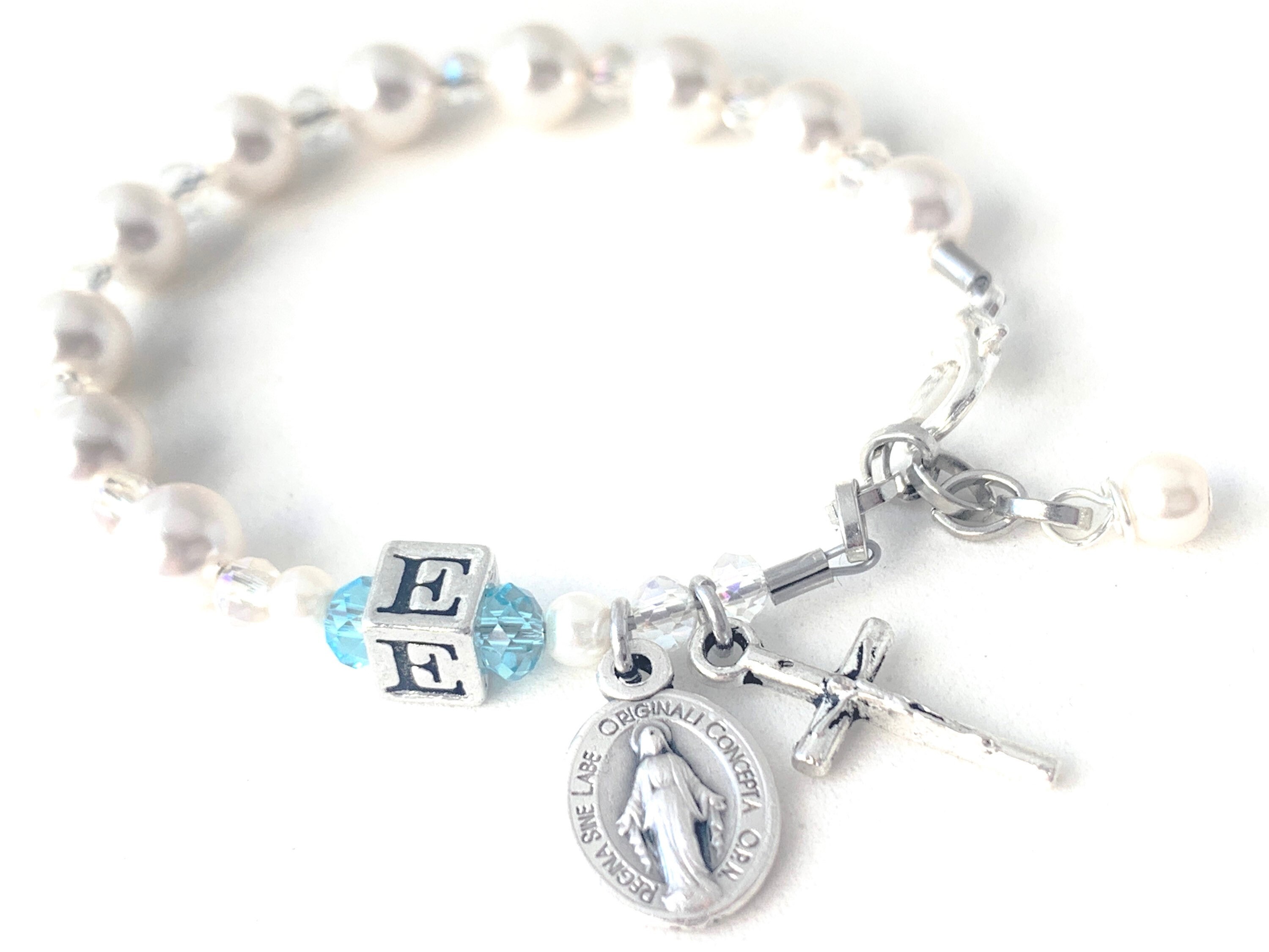 Baptism Personalized Rosary Bracelet with Swarovski Birthstone and Wh…