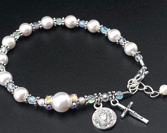 Traditional Catholic First Communion Rosary Bracelet with Swarovski Pearls, Crystals and Rhinestones