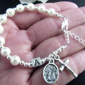 Baptism Personalized Rosary Bracelet with White Swarovski Pearls, Silver and Guardian Angel - Heirloom Catholic Gift Christening