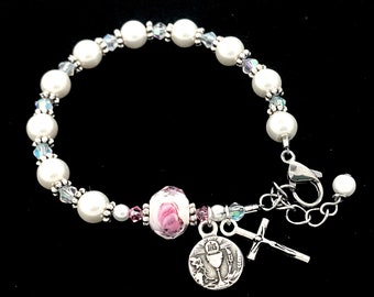 Girl's First Communion Rosary Bracelet made with Swarovski White Pearl & Swarovski Crystal with Rose Crystal