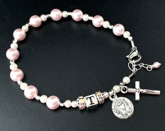 Beautiful Light Pink & White Swarovski Pearl Communion Bracelet with Initial Bead of Choice