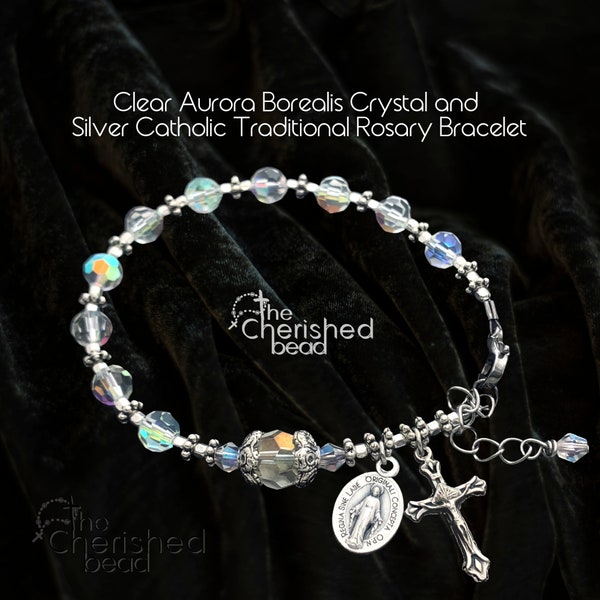 Traditional Clear Aurora Borealis Crystal and Silver Rosary Bracelet - Vintage Style Catholic Heirloom Gift - Confirmation - Miraculous