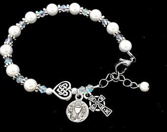 Irish Communion Rosary Bracelet with Swarovski Pearls, Crystals and Celtic Heart Bead