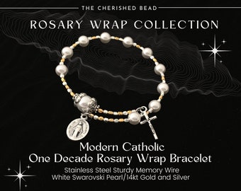 One Decade Rosary Wrap Stainless Steel Memory Wire Bracelet With Swarovski White Pear, 14Kt Gold and Silver Rosary Bracelet