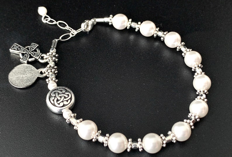 Irish Catholic Communion Rosary Bracelet with Swarovski Pearls and Sterling Silver image 6