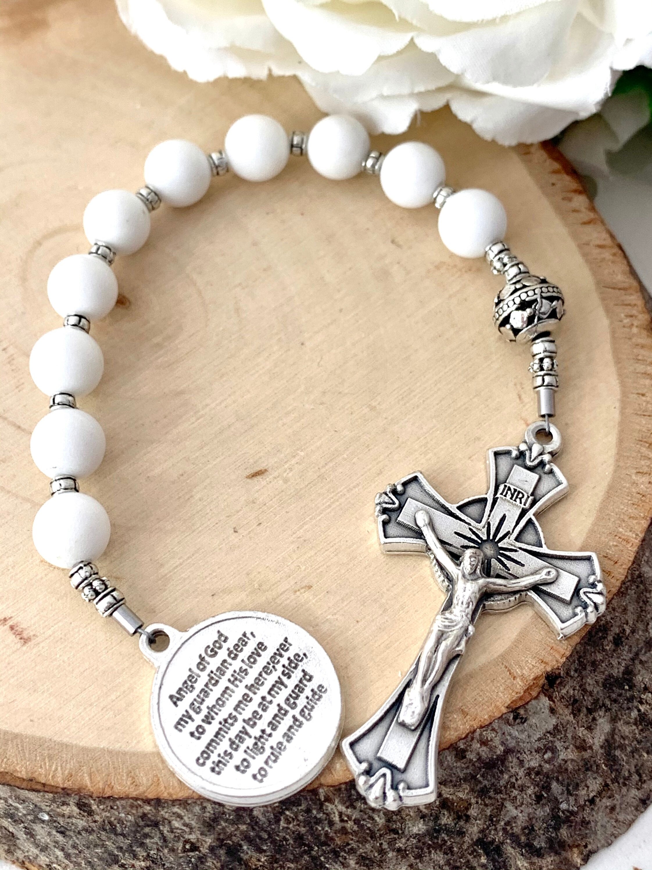 Catholic Baby Baptism White Gemstone Chaplet With Guardian Etsy
