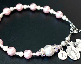 Catholic Communion Personalized Soft Pink and White Swarovski Pearls, Silver, Rhinestones and Sterling Monogram Initial Miraculous Medal