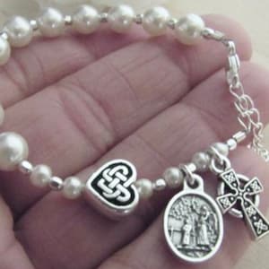 Irish Baptism Rosary Bracelet with Silver Celtic Heart and White Swarovski Pearl - Guardian Angel - Irish Christening Gift - Heirloom