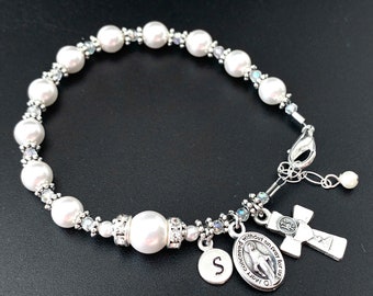 Beautiful Traditional Catholic Communion Personalized Rosary Bracelet with Pearls, Crystals & Rhinestones