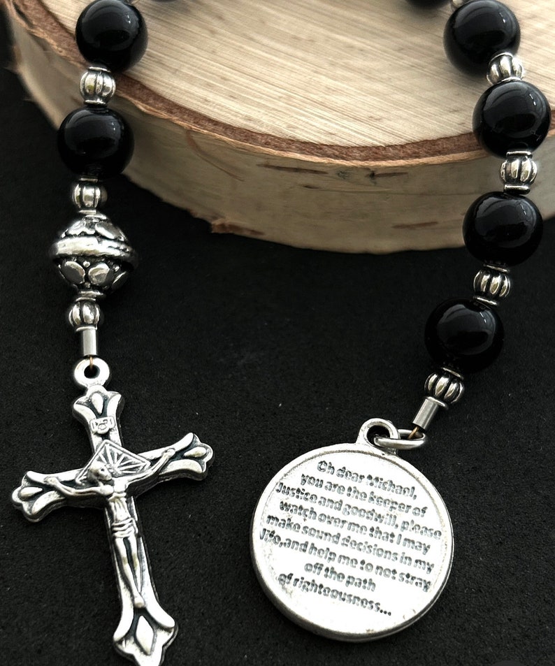 Archangel Michael Catholic Gemstone Chaplet With Black Onyx Gemstone Beads & Silver Patron Saint for All Military/Police Pocket Rosary image 3