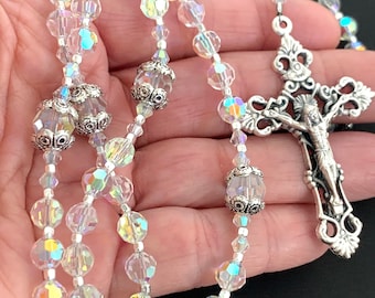 Traditional Vintage Style Rosary with Clear Crystal Aurora Borealis Beads and Silver for Adults, Communion, Baptism, Heirloom Catholic Gift