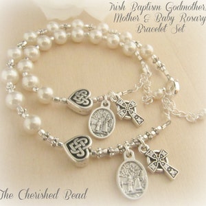 Beautiful Irish Catholic Godmother/Mother & Baby Baptism Rosary Bracelet Set