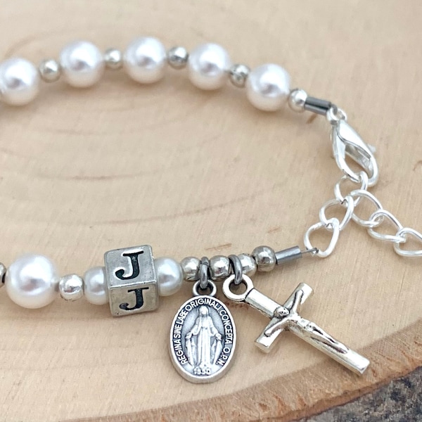 Personalized Boy Baby Baptism Pearl & Sterling Silver Rosary Bracelet - for girl or boy