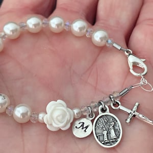 Baptism Personalized Rosary Bracelet with White Rose, White Pearls, Crystals, Monogram Initial Charm and Guardian Angel - Catholic Gift