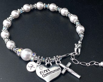 Catholic Communion Personalized Rosary Bracelet with Swarovski Pearls, Crystals, Rhinestones and Heart Charm