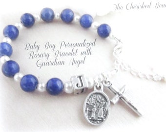 Catholic Baby Boy's Baptism Blue Gemstone and Pearl Personalized Rosary Bracelet with Guardian Angel