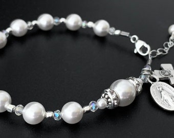 Communion Catholic Traditional Swarovski Pearl, Crystal and Rhinestone Rosary Bracelet with Chalice Cross