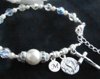Communion Swarovski Crystal, Pearl and Rhinestone Personalized Rosary Bracelet