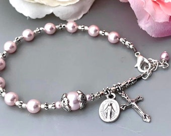 Swarovski Lt. Pink Pearl & Silver Catholic Rosary Bracelet Women's Catholic Gift Confirmation