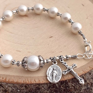 Beautiful Catholic White Pearl & Silver Rosary Bracelet with Miraculous medal - Adult Women&#39;s Gift - RCIA - Confirmation