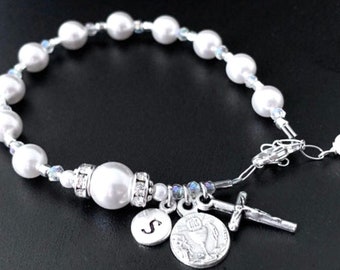 Beautiful Traditional Communion Personalized Rosary Bracelet with White Swarovski Pearls, Crystals & Rhinestones and Sterling Initial Charm