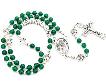 Irish Boy Personalized Communion Kelly Green Jade  Gemstone Rosary with Celtic Silver Beads - Heirloom Irish Communion Rosary -