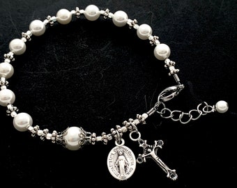White Pearl and Silver Rosary Bracelet - Catholic Women's Gift - Rosary - Rosary Bracelet