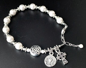 Irish Catholic Communion Rosary Bracelet with Swarovski Pearls and Sterling Silver