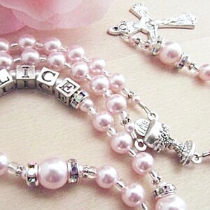 Communion Personalized Personalized Name Rosary with Light Pink European Pears, Clear Crystals, & Rhinestones - Heirloom Communion Gift