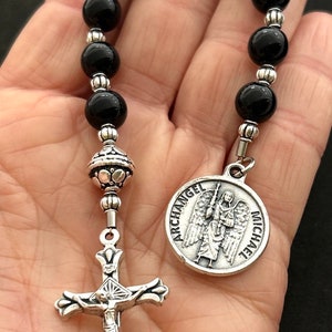 Archangel Michael Catholic Gemstone Chaplet With Black Onyx Gemstone Beads & Silver - Patron Saint for All Military/Police - Pocket Rosary