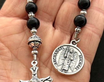 Archangel Michael Catholic Gemstone Chaplet With Black Onyx Gemstone Beads & Silver - Patron Saint for All Military/Police - Pocket Rosary