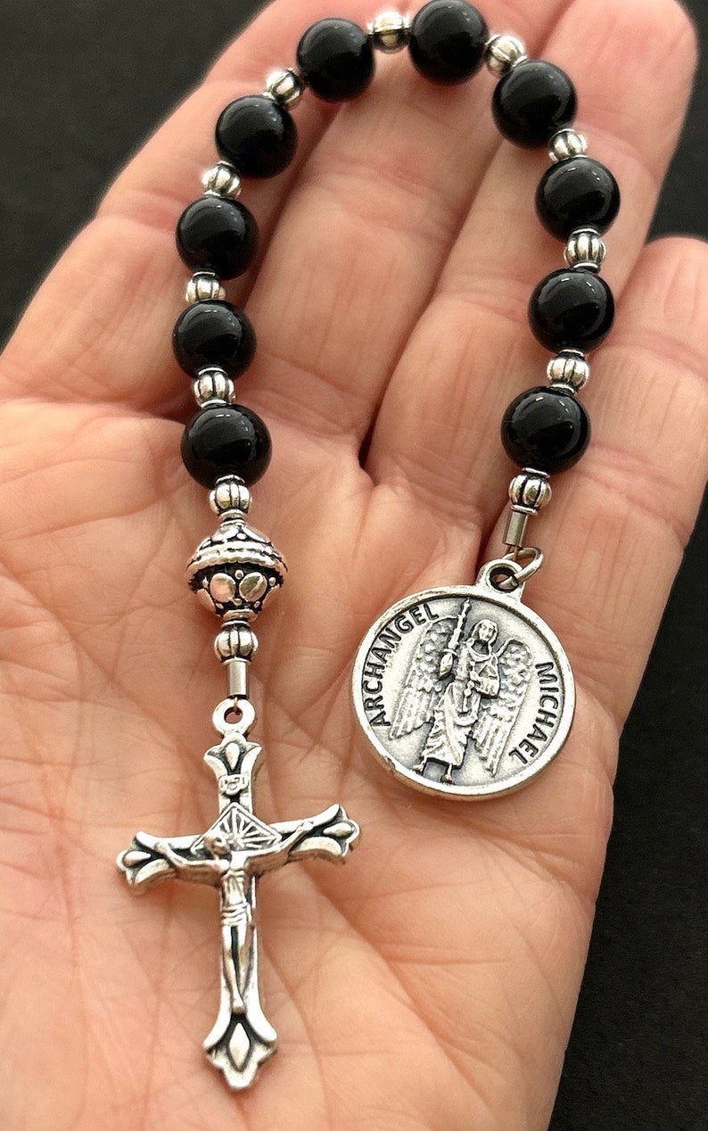 Archangel Michael Catholic Gemstone Chaplet With Black Onyx Gemstone Beads & Silver Patron Saint for All Military/Police Pocket Rosary image 1