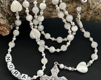 Mother of Pearl Gemstone Guardian Angel Baptism Personalized Rosary with Mother of Pearl Heart Beads, Crystals, & Silver - Heirloom Gift